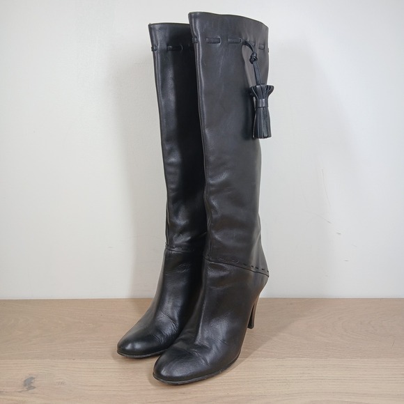 Saks Fifth Avenue Shoes - Saks Fifth Avenue Boots Womens 6.5B Black Leather Tassel High Heel Quiet Luxury